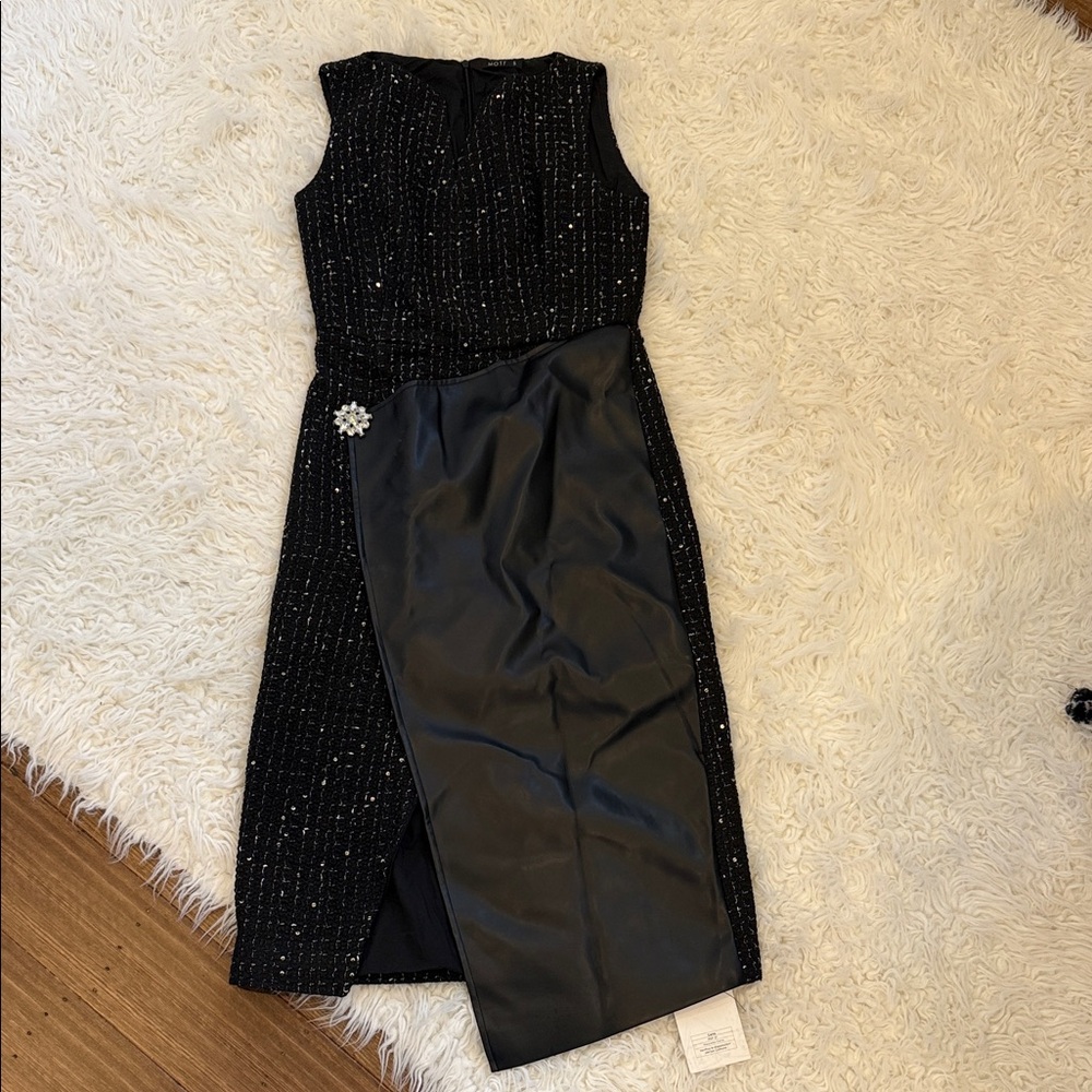 Moi Black Textured Dress with Faux Leather Accent